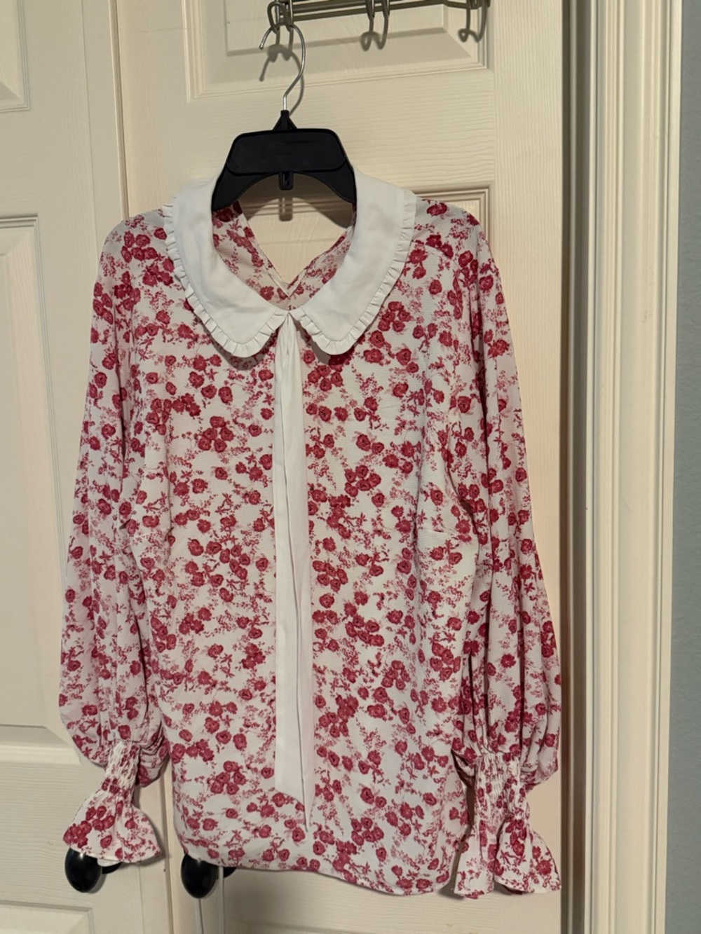 CeCe White Blouse with Red Floral Print and Peter Pan Collar